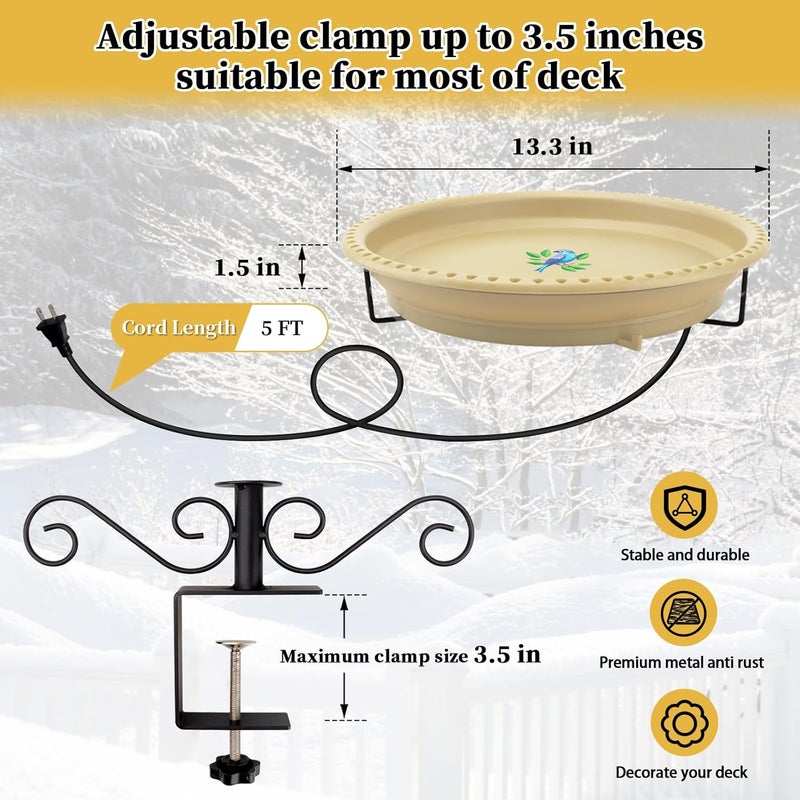 Lovppy Heated Bird Baths for Outdoors for Winter, 100W Heated Birdbath Water Heater with Thermostatically Controlled, Heated Bird Bath for Deck Railing Outside Garden Patio Yard (Khaki) - Image 5